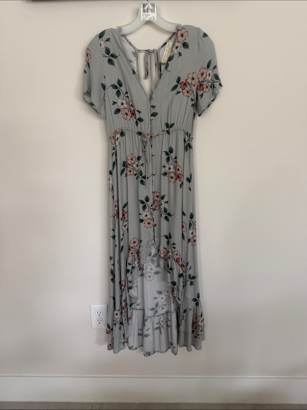 saltwater LUXE Light Gray Floral V-Neck Maxi Dress with Pink Flowers